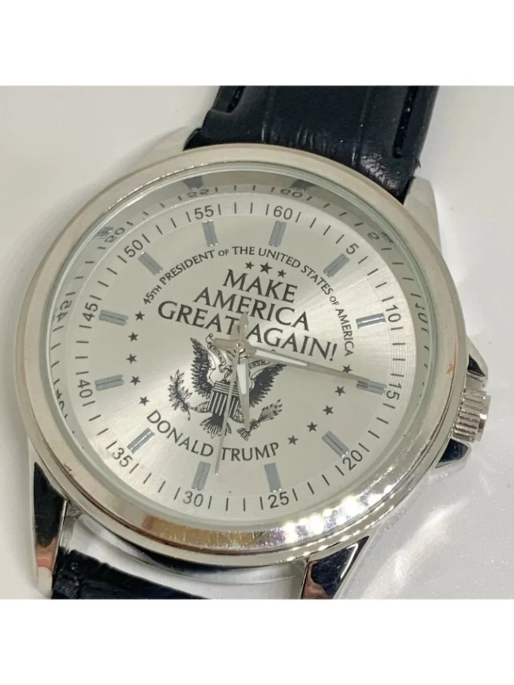 Men’s watch Make America great again silver tone 42mm black leather running